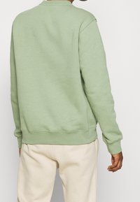 Ljusgrön crewneck sweatshirt med textilstruktur, ribbade muddar och nederkant, bärs med ljusa byxor.