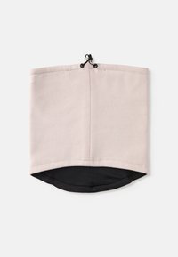 Gaiter de pescoço de fleece em cinza claro com interior preto. Apresenta cordão ajustável e um design sem costuras. Textura suave para conforto.