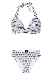 Triangular bikini gornji i donji dio u bijeloj boji s višebojnim motivom lišća. Veže se oko vrata, s glatkom teksturom i elastičnom strukom.