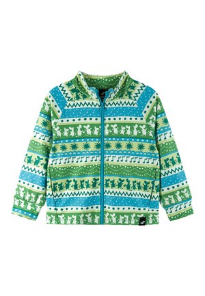 Žalias zip-up džemperis su įvairių raštų deriniu šviesiai ir tamsiai žalių, mėlynų ir baltų spalvų. Turi aukštą apykaklę ir raglan tipo rankoves.
