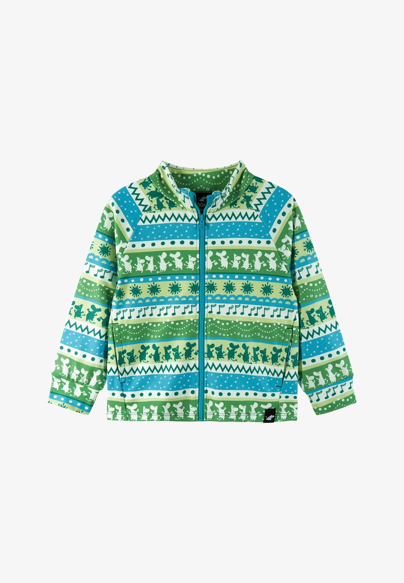 Green zip-up jacket with a mix of patterns in light and dark green, blue, and white. Features a high collar and raglan sleeves.