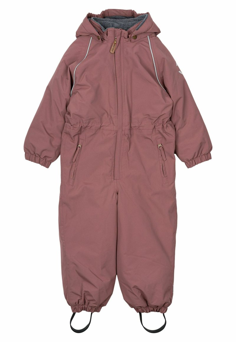 Roze geïsoleerde overall voor de sneeuw, met een capuchon, elastische manchetten, een rits aan de voorkant en zijzakken met grijze voering.
