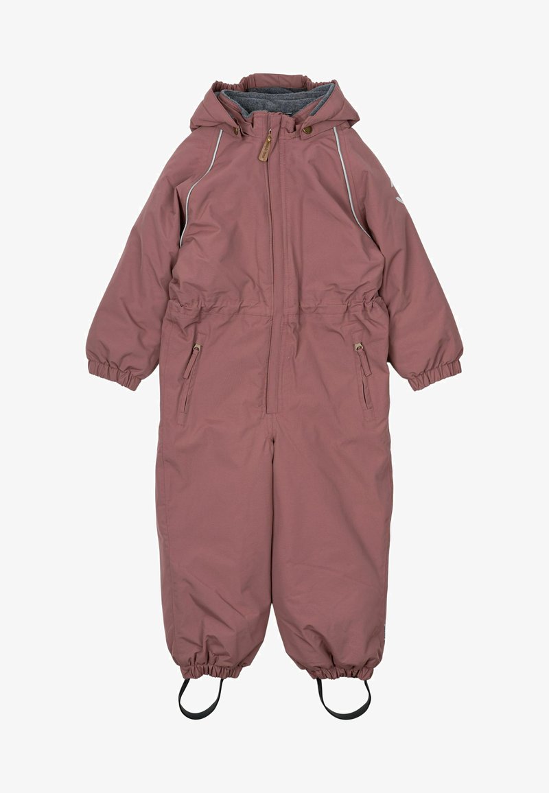 Rozā izolēts viengabala sniegapakaus, kas aprīkots ar kapuci, elastīgiem manžetēm, priekšējo rāvējslēdzēju un sānu kabatām ar pelēku oderi.