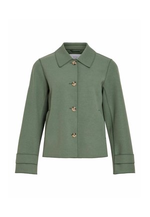Žalia vilnos mišinys striukė su smailiu apykakliu, užsegama su rudais mygtukais, ilgomis rankovėmis su sulankstytais rankogaliais.