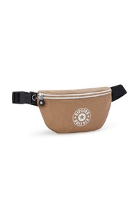 Bruine nylon heuptas met een witte rits, verstelbare zwarte band en een logo met een ster en tekst aan de voorkant. Compact en functioneel ontwerp.