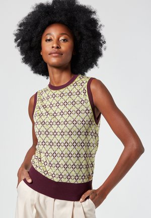Ärmelloses Strickoberteil mit einem hellgrünen und braunen geometrischen Muster, ausgestattet mit einem dunkelvioletten gerippten Saum und einem taillierten Bund.