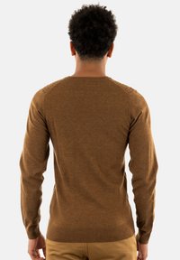 Maglione marrone a maglia con maniche lunghe, polsini e orlo a costine, e dettagli testurizzati sulle spalle, visto da dietro.