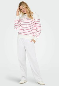 Felpa a righe bianca con righe rosa, dotata di cappuccio con cordino. Abbinata a pantaloni felpa grigi e sneakers bianche. Materiale in cotone morbido.