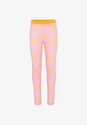 Leggings roses avec des motifs de cœurs et d'étoiles jaunes, dotées d'une ceinture orange. Confectionnés dans un tissu doux et extensible. Coupe ajustée.