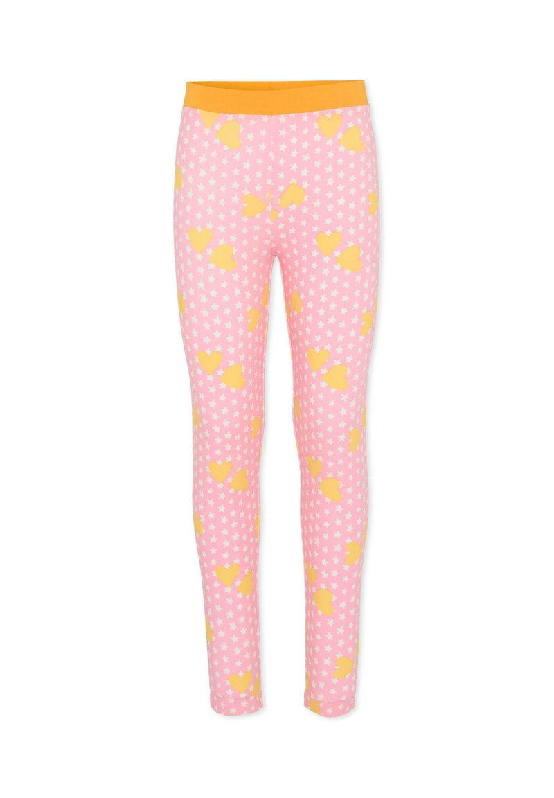 Różowe legginsy z żółtymi wzorami serc i gwiazd, z pomarańczowym pasem. Wykonane z miękkiego, elastycznego materiału. Dopasowany krój.