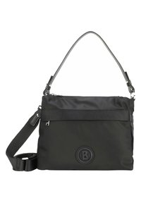 Črna najlonska torba za ramo z odstranljivo naramnico, sprednjim žepom z zadrgo, teksturiranimi detajli na naramnici in krožno oznako.