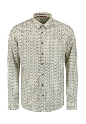 Button-up shirt featuring a light green, patterned fabric, classic collar, long sleeves, and green buttons. Soft texture and regular fit.