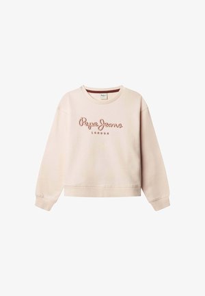 Lichtroze fleece trui met een ronde hals, geribbelde manchetten en zoom. Heeft een geborduurd logo "Pepe Jeans LONDON" op de voorkant.