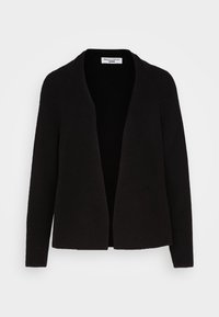 Svart stickad cardigan med öppen framsida, ribbad textur, långa ärmar och subtil vertikal detaljering längs sidorna.