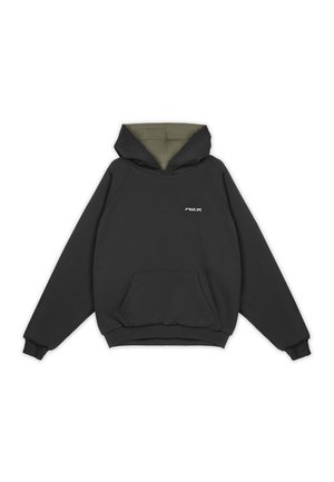 Hooded sweatshirt in dark gray with olive green lining, kangaroo pocket, and white logo on the chest. Made of soft, textured fabric.