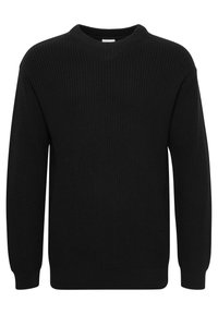 Black knitted sweater with a round neck, long sleeves, and ribbed texture. Features a relaxed fit and straight hem.