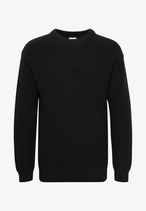 Suéter negro de punto con cuello redondo, mangas largas y textura acanalada. Presenta un corte relajado y dobladillo recto.