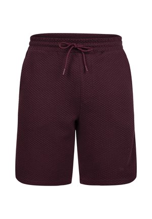 Bordeaux teksturerede stofshorts med elastisk talje og justerbar snøre, knælange, designet til afslappet brug.