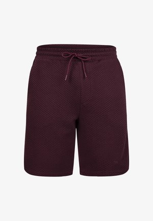 Shorts en tissu texturé bordeaux avec taille élastique et cordon ajustable, longueur au genou, conçus pour un usage décontracté.