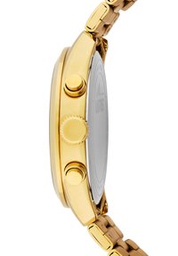 Reloj de acero inoxidable con tono dorado, con una caja redonda, tres pulsadores y una corona texturizada. Presenta una correa metálica con eslabones planos.