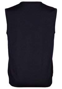 Ärmellose, dunkelnavy gestrickte Weste mit strukturiertem Rippmuster; hat einen Rundhalsausschnitt und keine sichtbaren Verschlüsse oder Verzierungen.