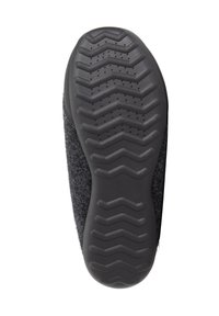 Schoenzool met een zigzag profiel, van zwart rubbermateriaal, met een gestructureerd oppervlak en een grijze vilten bovenrand. Rond gevormd met soepele lijnen.