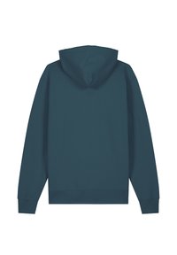 Türkise Kapuzenjacke mit Kordelzug, langen Ärmeln und gerippten Bündchen und Saum. Hergestellt aus weichem Material mit glatter Textur.