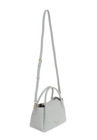 Borsa in pelle grigia con doppio manico superiore, tracolla regolabile, hardware color oro e silhouette arrotondata.