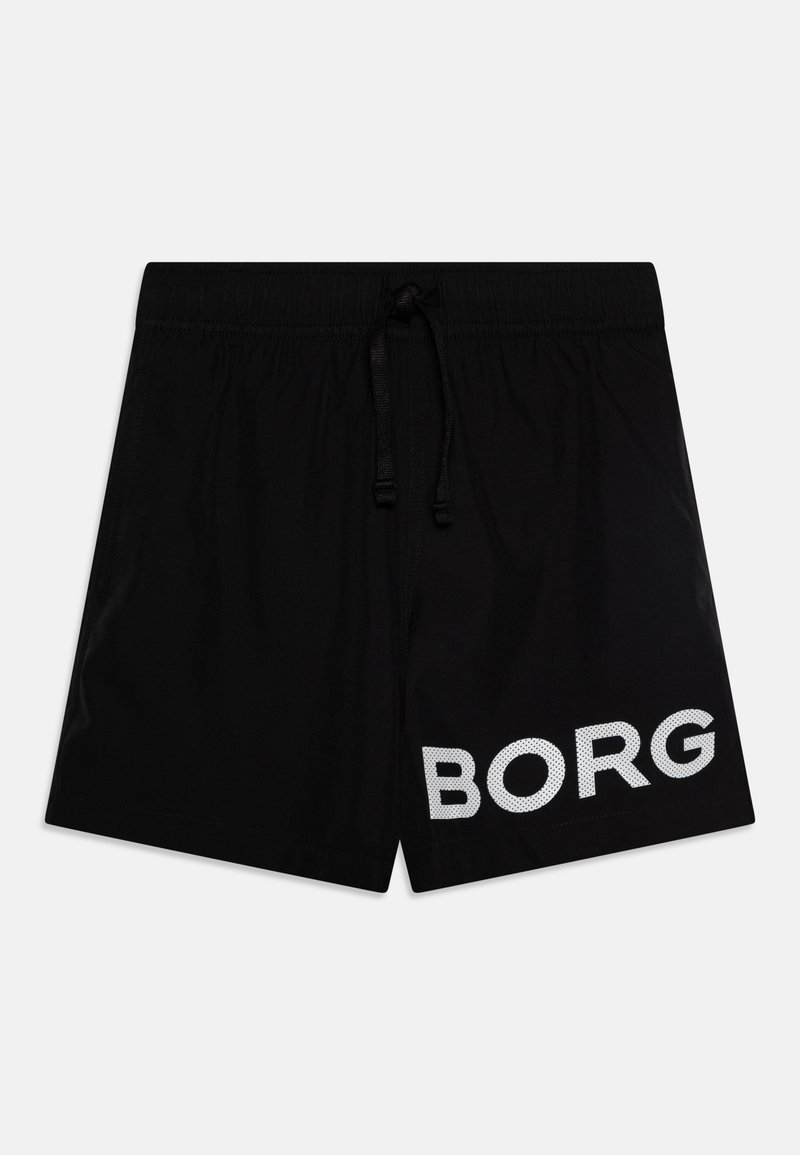 Calções de banho pretos com uma cintura elástica e cordão ajustável, apresentando uma grande impressão branca "BORG" na perna esquerda.