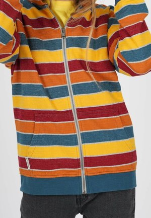 Striped hooded sweatshirt with red, orange, yellow, and teal stripes, featuring a front zipper, side pockets, and a textured fabric.