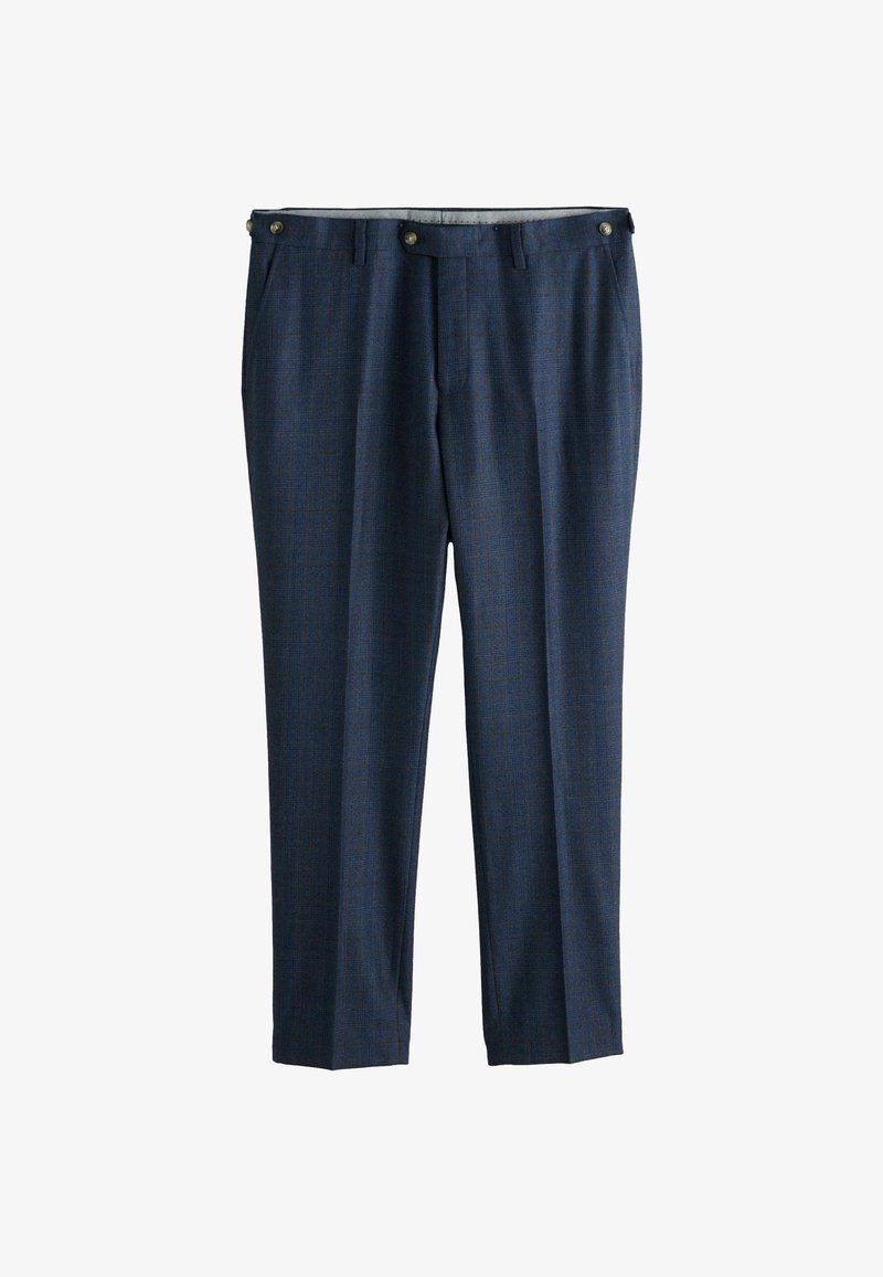 Pantaloni da dress a quadri blu navy realizzati in un tessuto dalla superficie liscia, dotati di chiusura con zip, tasche frontali e dettagli in bottone di ottone.