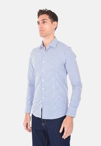 Camicia a maniche lunghe a righe in blu e bianco, con colletto abbottonato e vestibilità classica. Tessuto lisso con una leggera lucentezza.