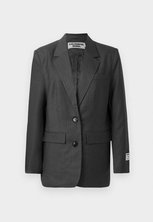 Gray pinstriped blazer with two buttons, notched lapels, front pockets, and a label on the sleeve. Smooth fabric with a structured fit.