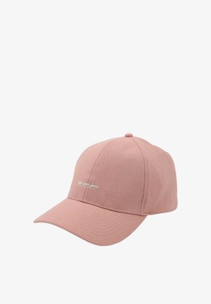 Casquette de baseball rose en tissu avec une visière incurvée. Présente trois formes blanches brodées à l'avant. Texture lisse avec coutures.