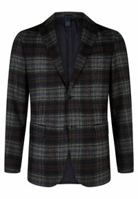 Geruite blazer met een donker marineblauw, grijs en bordeaux patroon, twee knopen en zijzakken; gemaakt van een gestructureerde wolstof.