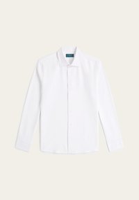 Weiße Langarm-Bluse mit klassischem Kragen, glatter Textur und geradem Saum mit einem dezenten Schimmer.