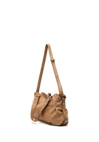 Tan leather shoulder bag with adjustable strap and silver metal hardware, standing upright on a white background.