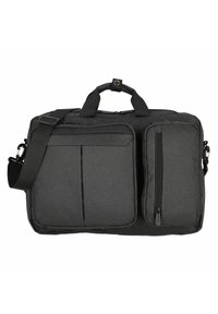 Sac messager en tissu gris avec deux poignées supérieures, une bandoulière réglable, des poches zippées à l'avant, et une texture lisse.