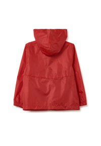Giacca impermeabile rossa con cappuccio, polsini elasticizzati e fondo regolabile. Tessuto liscio, materiale leggero e senza motivi visibili.