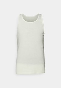 Hvid tanktop lavet af letvægtsbomuld. Har en rund halsudskæring og ærmeløst design med en glat overflade. Ingen mønstre eller pynt.