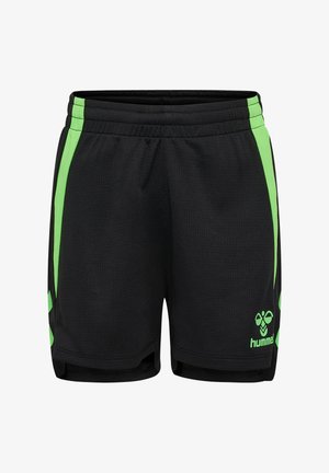 Czarne krótkie spodenki sportowe z neonowo zielonymi paskami po bokach i logo Hummel na dolnej lewej nodze, wyposażone w elastyczną talię.