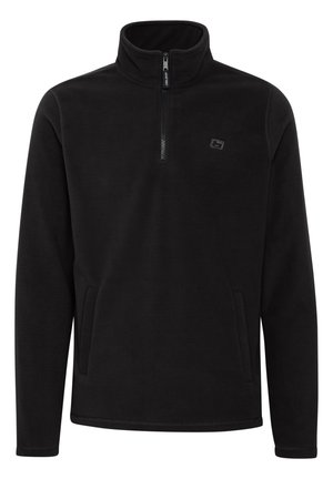 Black fleece pullover with a half-zip collar and two side pockets. Features a subtle logo on the chest. Soft texture and relaxed fit.