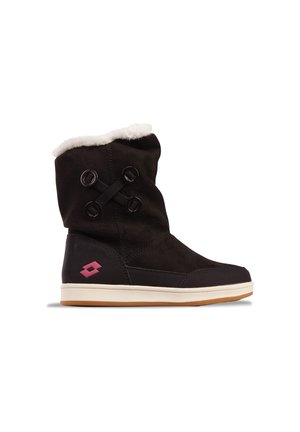 Black mid-calf winter boot with white fur lining, crossed strap detail, pink logo near heel, and thick white sole with brown tread.