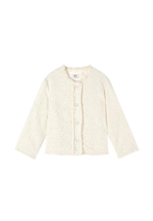 Cream-colored textured cardigan with long sleeves, round neckline, front buttons, and subtle fringe details along edges and cuffs.