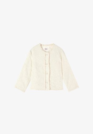 Cardigan crem cu textură, mâneci lungi, guler rotund, nasturi în față și detalii subtile de franjuri de-a lungul marginilor și manșetelor.