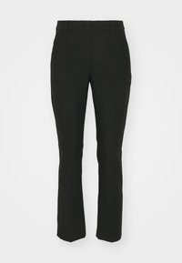 Černé kalhoty na míru se střihem rovného nohavice, vyrobené z hladké tkaniny. Obsahují pás s poutky na opasek a přední kapsy.