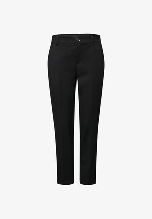Pantaloni neri slim fit, con vita liscia, passanti per cintura e chiusura con bottone. Realizzati in un tessuto a trama liscia.