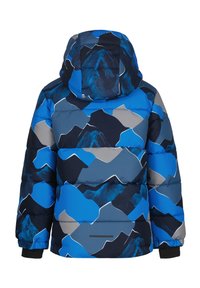 Blå oppustelig jakke med et geometrisk bjergdesign i nuancer af blå, grå og sort. Har en hætte og elastiske manchetter.