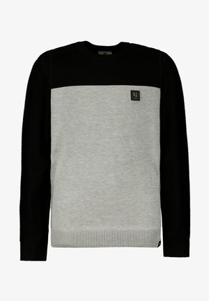 Pull gris et noir avec col ras du cou, présentant une partie supérieure noire unie et une texture côtelée au niveau des poignets et de l'ourlet. Comprend une petite étiquette logo.