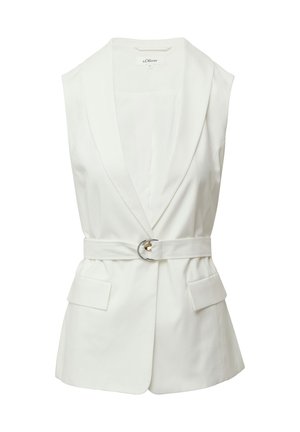 Blazer bianco senza maniche con collo sciallato, vita cintrata con una cintura a cerchio argentato e due tasche anteriori a toppa. Tessuto dalla texture liscia.